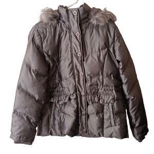 New York & Co. Silver Puffy Jacket With Faux Fur & Removable Hood Women's Size L